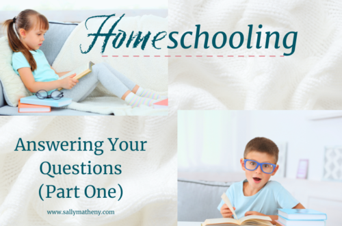 Girl reading on sofa. Boy writing at table. Text: Homeschooling Answering Your Questions Part One