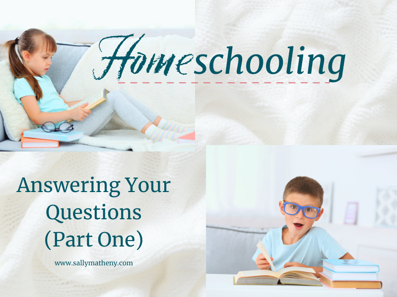 Girl reading on sofa. Boy writing at table. Text: Homeschooling Answering Your Questions Part One