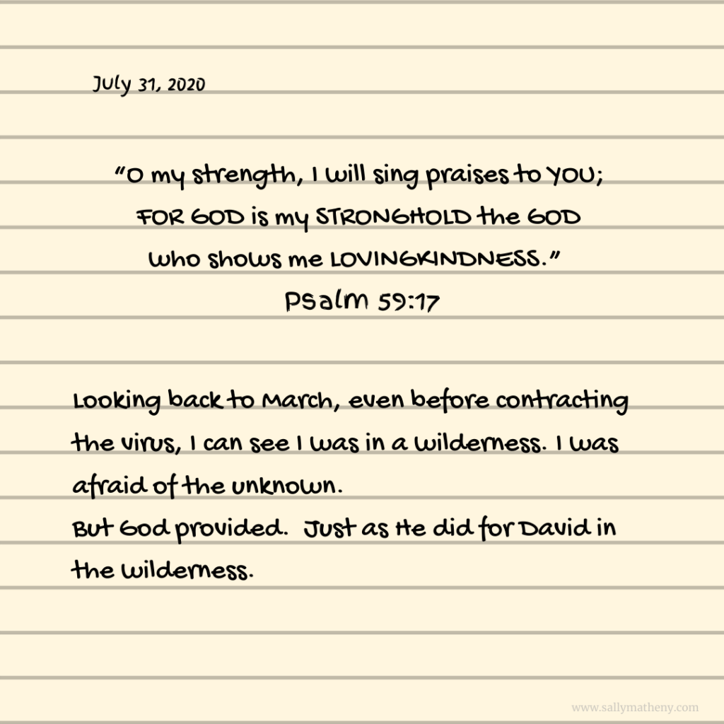 Carrie wrote: “O my strength, I will sing praises to YOU; FOR GOD is my STRONGHOLD the GOD who shows me LOVINGKINDNESS.”  Psalm 59:17
Looking back to March, even before contracting the virus, I can see I was in a wilderness. I was afraid of the unknown. But God provided.  Just as He did for David in the wilderness.  
