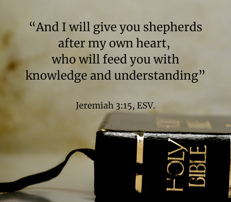 Shows a Bible and the verse Jeremiah 3:15 is printed.