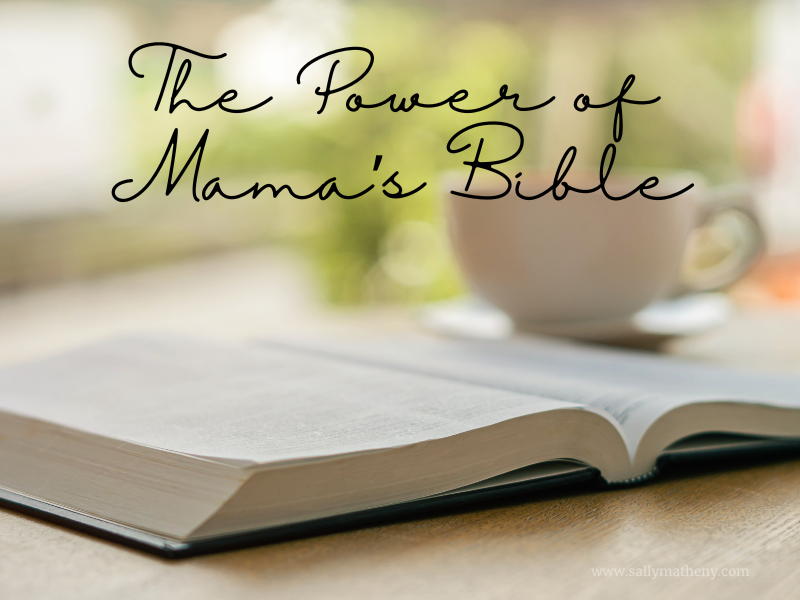 Shows a Bible with a cup of coffee. Text: The Power of Mama's Bible