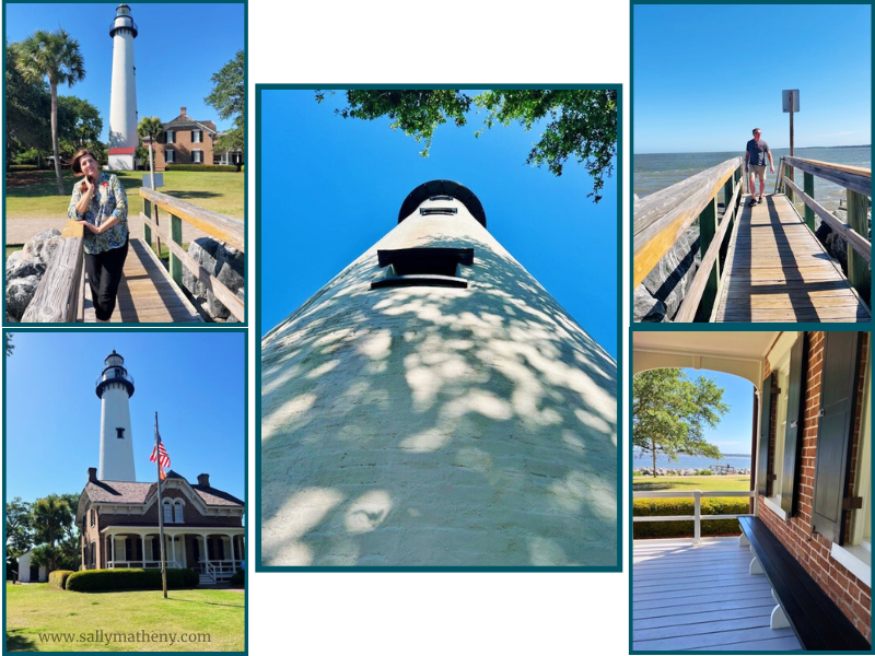 A collage of photos of the lighthouse from the outside and the pier.