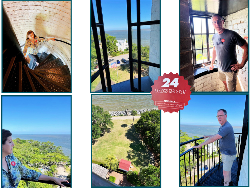 A collage of photos of Sally and her husband climbing the St. Simons Island Lighthouse. Window and gallery views.