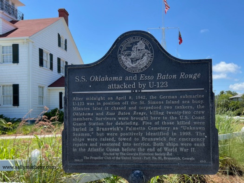 Shows a historical marker about two ships being attacked off the shore of St. Simons Island. The text of the marker is included in the body of the blog post.