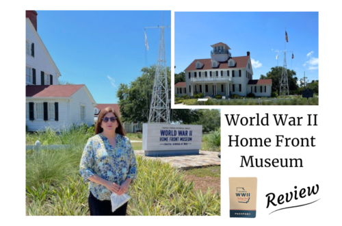 Shows Sally Matheny standing in front of the museum. Text: World War II Home Front Museum Review