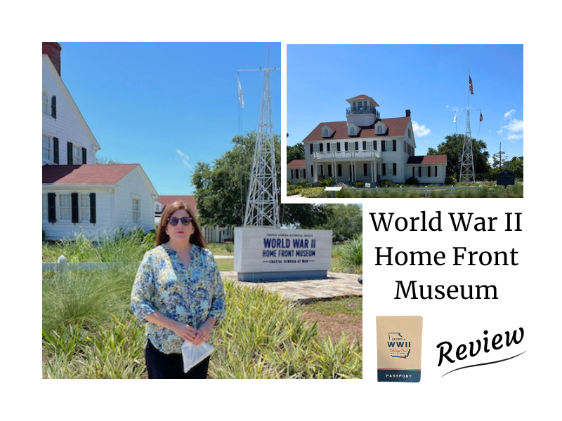 Shows Sally Matheny standing in front of the museum. Text: World War II Home Front Museum Review