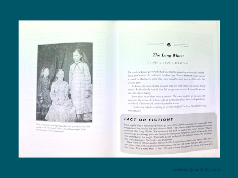 Shows an inside spread from The Laura Ingalls Wilder Companion Guide book. Shows a photo of Laura Ingalls with her sisters and the first page of Chapter 6: "The Long Winter."