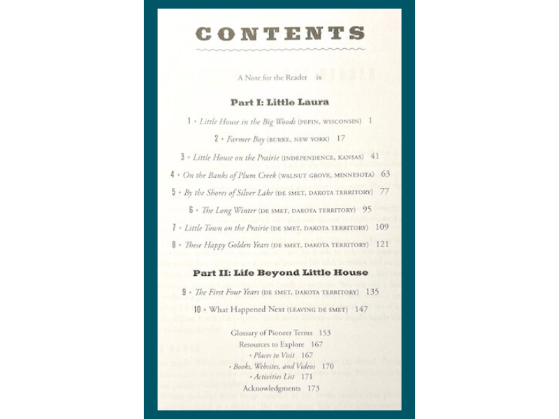 Shows the Contents page fromt the Laura Ingalls Wilder Companion Guide by Annette Whipple.