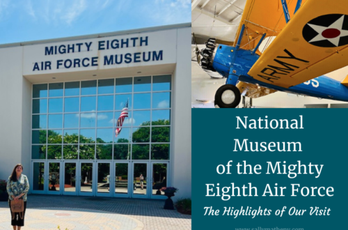 Shows Sally Matheny standing in front of the National Museum of the Mighty Eighth Air Force. Shows a fighter plane.