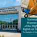 Shows Sally Matheny standing in front of the National Museum of the Mighty Eighth Air Force. Shows a fighter plane.