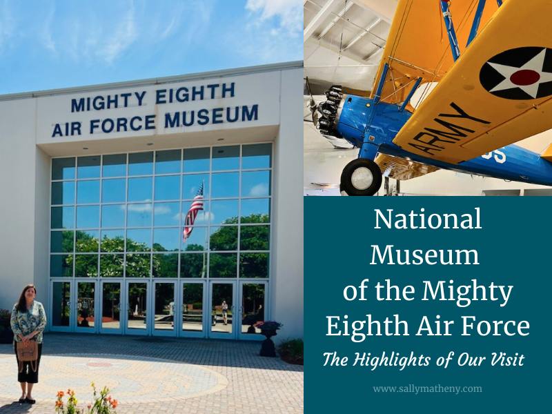 Shows Sally Matheny standing in front of the National Museum of the Mighty Eighth Air Force. Shows a fighter plane.