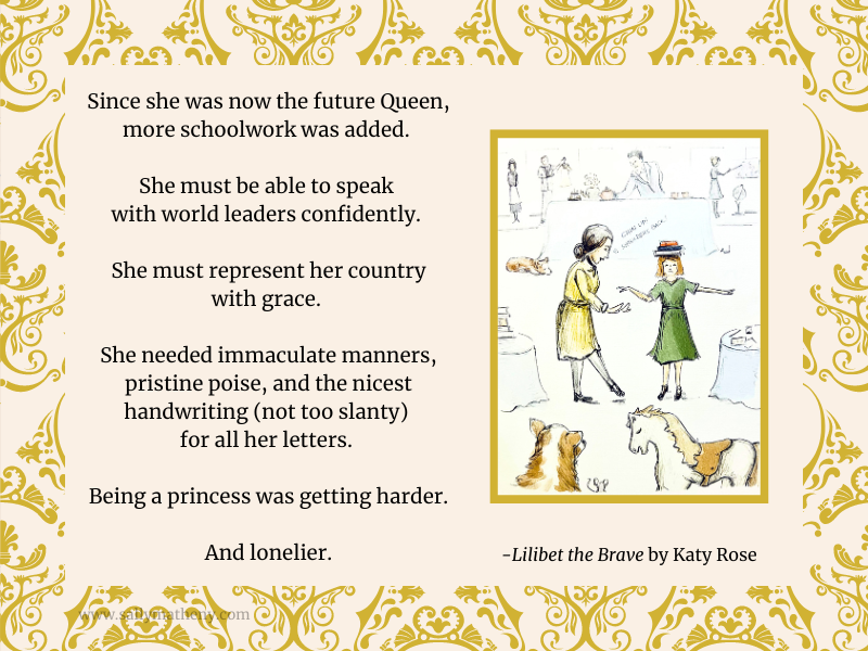 A sample page from "Lilibet the Brave" showing her as a child training to become the future Queen.