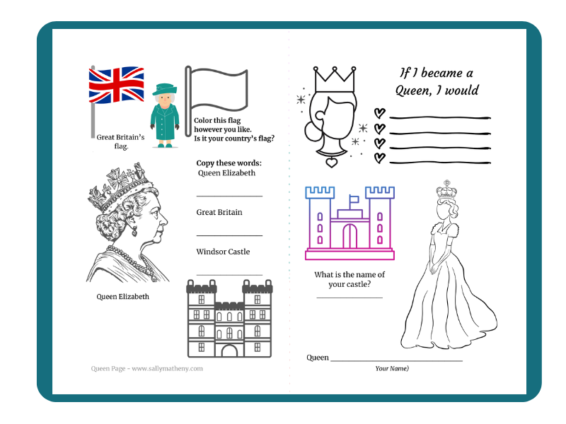 Shows the free activity sheet about Queen Elizabeth and an area for creative writing and illustrating for the student if she were to become a queen. 