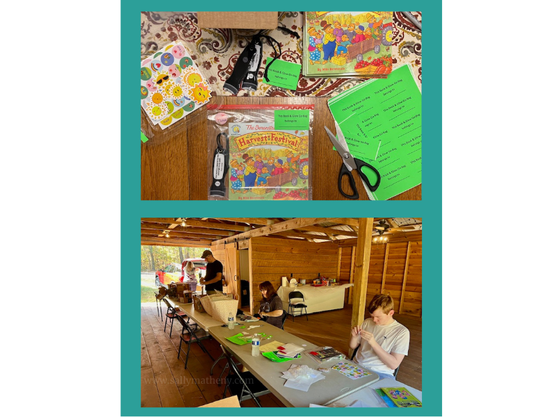 Shows book in plastic bag with a Smashlight. A sticker and a label saying "This Book Belongs to" is on the outside of the bag. Another photo shows the assembly line set up in a barn.