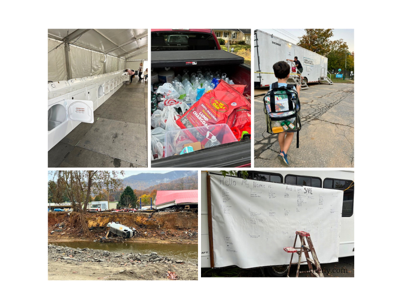 Shows a laundry tent, a truck load of supplies, a little boy with a backpack heading to the showers, an overturned car and flooded building.