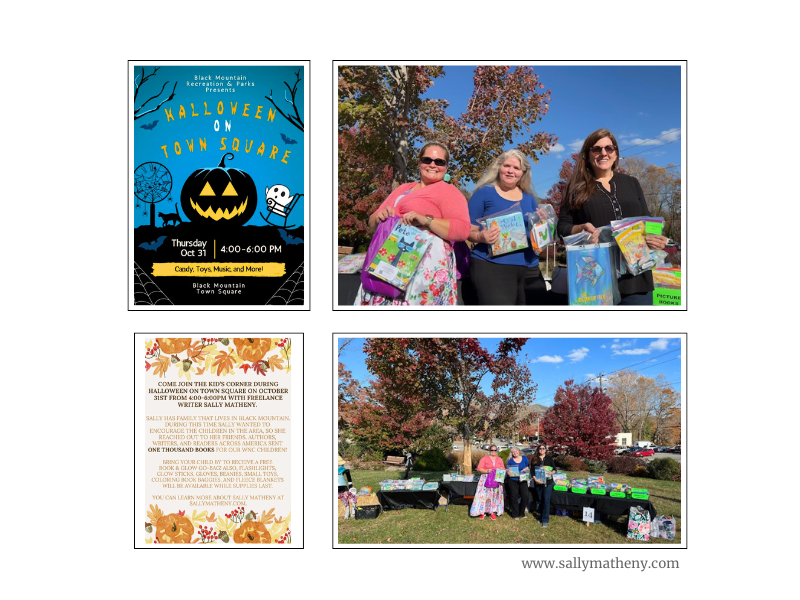 Shows the event flyer, a FB post by Rachael telling about the event, and a photos of Racheal Sylvestre, Jennifer Barnes, and Sally Matheny distributing Book & Glow Go-Bags.