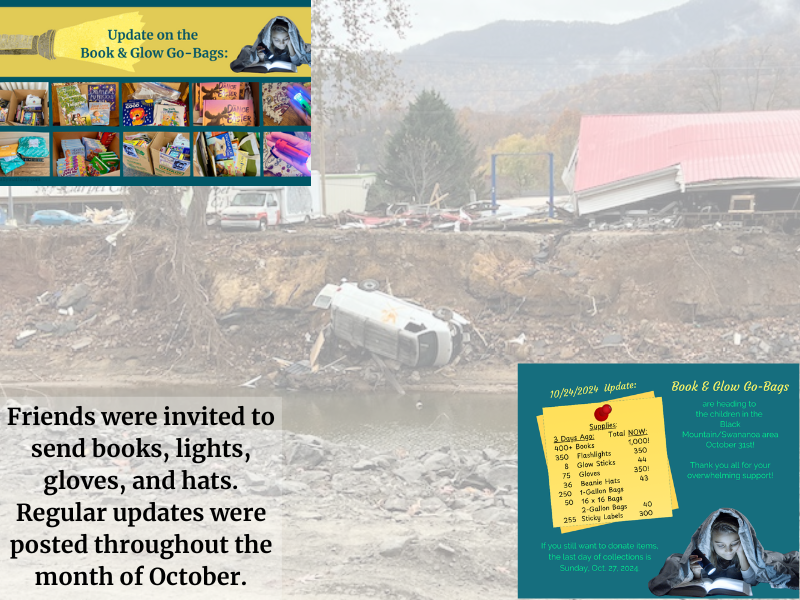 Background photo of a flood-damaged business and overturned van. Front images show updates of how many items were arriving for the Book & Glow Go-Bags.