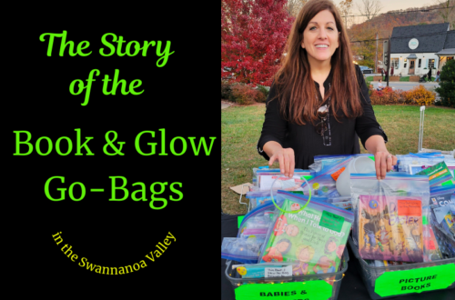 The Story of the Book & Glow Go-Bags in the Swannanoa Valley. Sally Matheny holding bags of books.