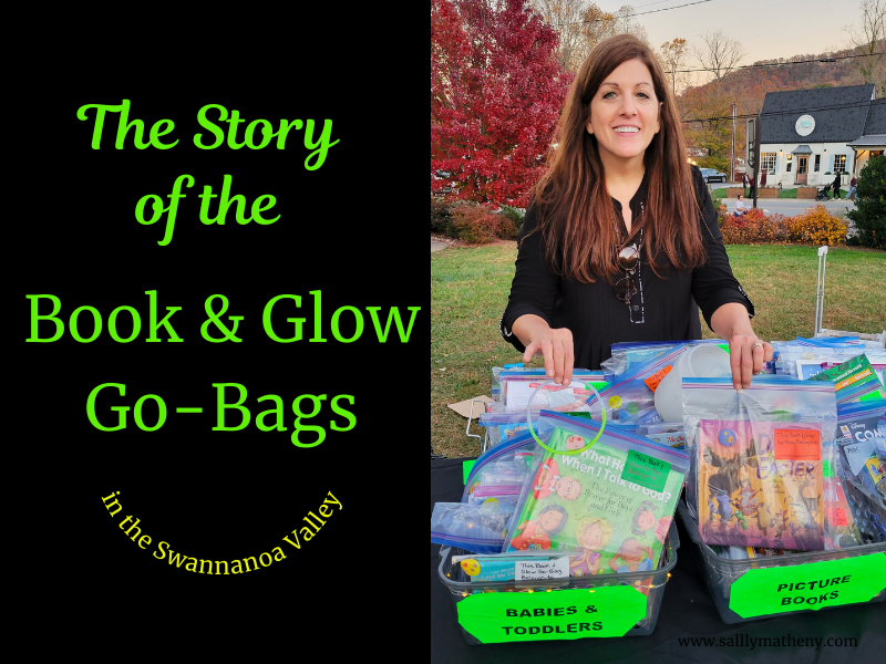 The Story of the Book & Glow Go-Bags in the Swannanoa Valley. Sally Matheny holding bags of books.