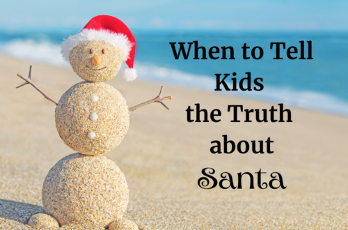 Snowman built out of sand with Santa cap. Title: When to Tell Kids the Truth about Santa